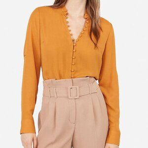 EXPRESS Slim Fit Ruffle Collar Portofino Buttondown Shirt Blouse Yellow …